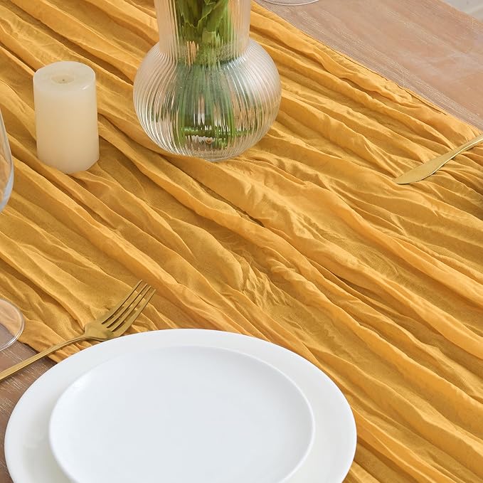 Asee'm Gold Yellow Cheesecloth Table Runner Summer 10FT Boho Rustic Gauze | - Image 3