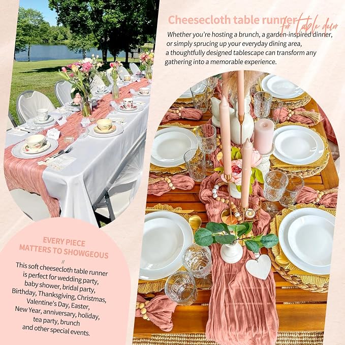 Showgeous 2 Pack Coral Cheesecloth Table Runners Boho Wedding Decor | Rustic - Image 8