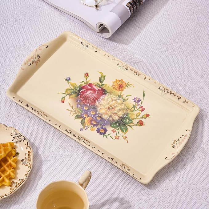 YOLIFE Ceramic Serving Tray, Flowering Shrubs 13.5 x 7.5 inch | Ivory Vintage - Image 5