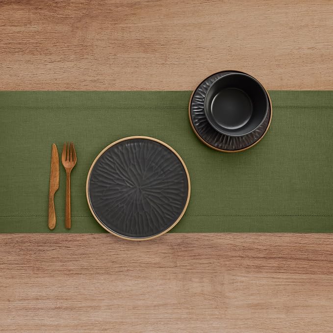 Solino Home 100% Linen Table Runner Olive, Classic Hemstitch 14 x 108 in | - Image 3