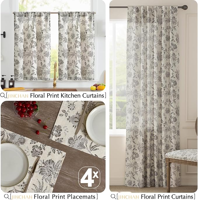 JINCHAN Sliva Linen Floral Placemats Set of 4 Farmhouse 13x19 Inch Grey | - Image 8