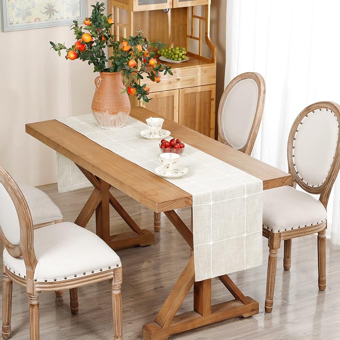 NEWISHER Rustic Embroidered Plaid Cloth Table Runner 72 inches, Farmhouse - Image 8
