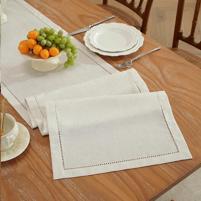 Light Natural Handmade Hemstitched Linen Blend Table Runner - Image 2