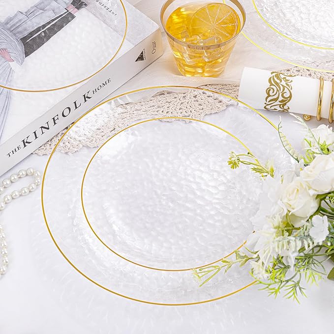 Rubtlamp 175 Pcs Plastic Dinnerware Set, Hammered Party Plates Include Dinner - Image 5