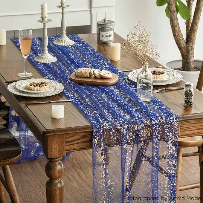 Artoid Mode 6PCS Blue Gold Gauze Table Runner 120 Inch 10FT, Glitter Metallic - Image 3