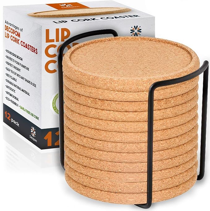 Cork Coasters with Lip for Drinks Absorbent | 12 Set 4 Inch Thick Rustic Saucer by Decopom