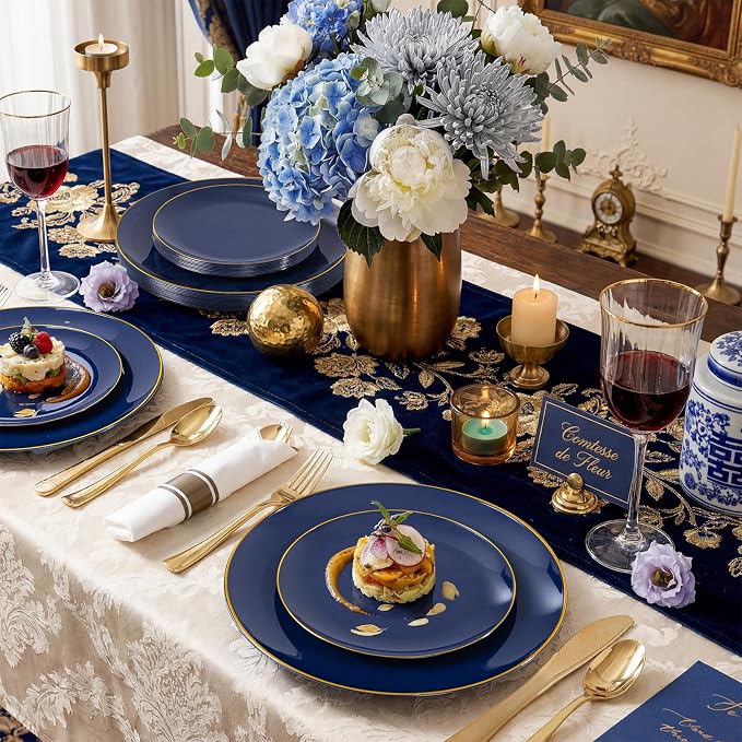 KIRE 350Pcs Blue and Gold Plates -Heavy Duty Navy Blue Dinnerware Set - Image 11