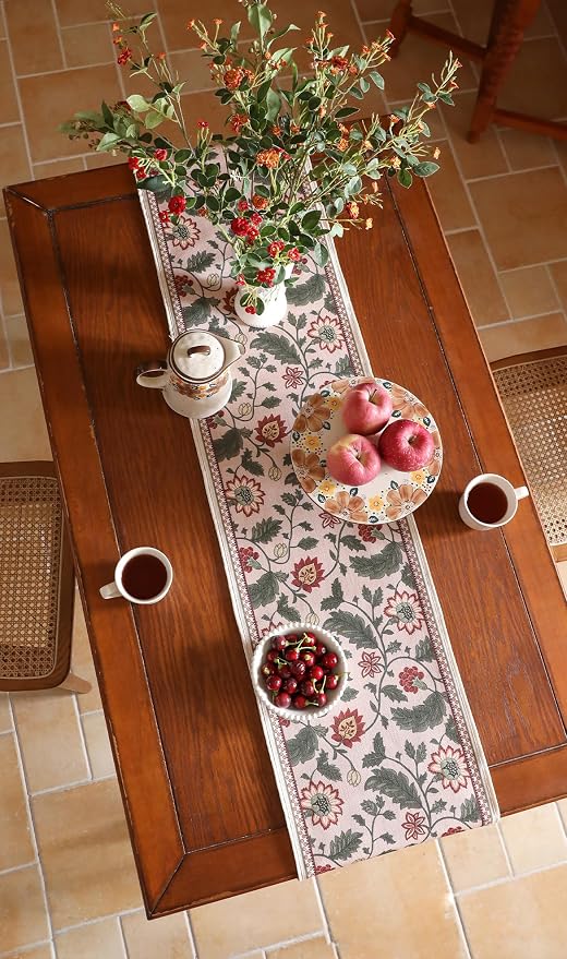 Designer Vintage Linen Extra Long Table Runner, Floral Leave Pattern, Dining - Image 9