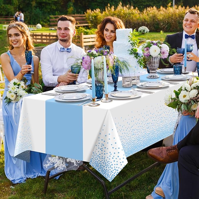 MASHAN 1Pcs White Light Blue Tablecloth Party Decorations, Plastic White Table - Image 6