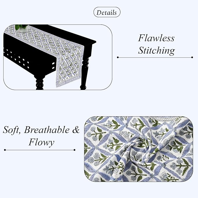 Light Steel Blue Hand Block Print 100% Cotton Table Runner 16x106 in | Perfect - Image 2