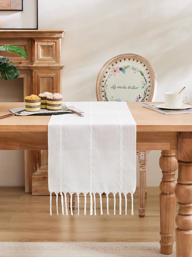 Braided Farmhouse Table Runner, Braided White 13x60 Inch, Cotton Linen Table - Image 2