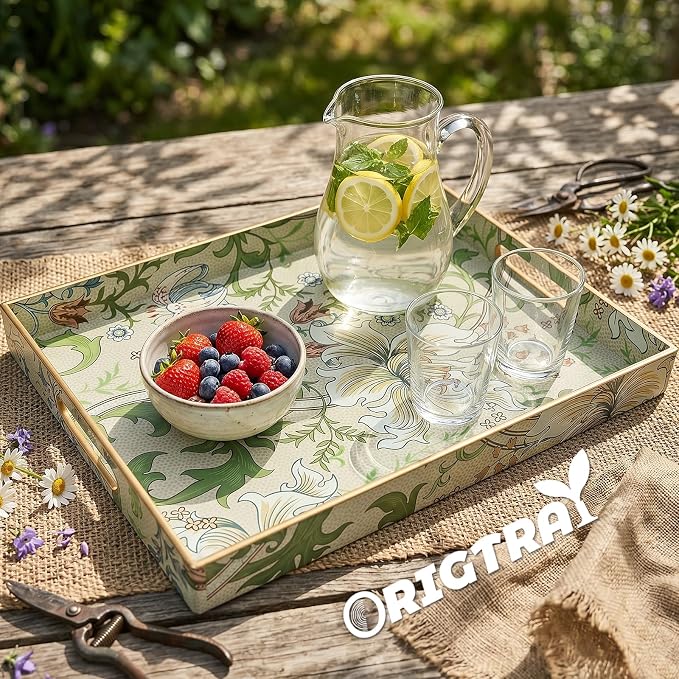 Serving Tray with Handles, Rectangular Plastic Tray with Floral Artwork – - Image 2
