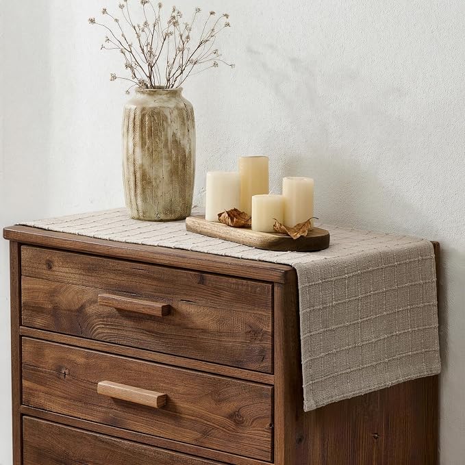 Artisanal Grid Linen Table Runner, 13x36 Inches Oatmeal | Heavy Textured - Image 3