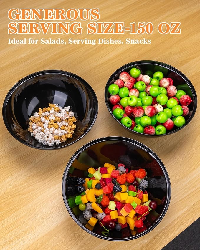 BESTVIP 150 Oz Black Plastic Serving Bowls, 4 Pack | 11.6-Inch Disposable & - Image 3