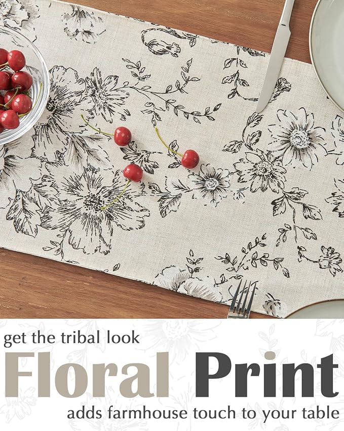 jinchan Black Floral Linen Table Runner 13 x 72 Inch Rustic | Vintage floral - Image 3