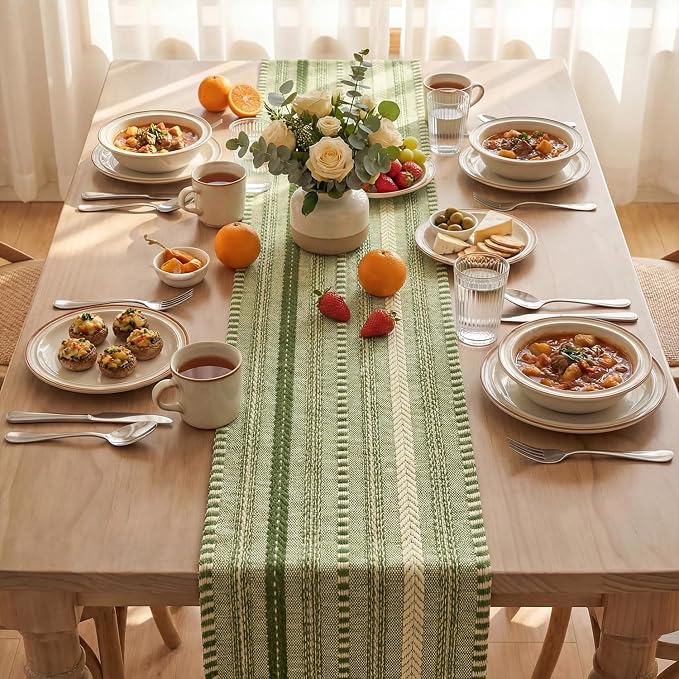 Artoid Mode Army Green Farmhouse Stripe Braided Table Runner 12x108 Inch | - Image 3