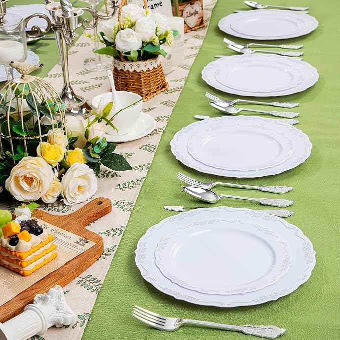 DaYammi 60PCS White and Silver Plastic Plates, Heavy Duty White and Silver - Image 4
