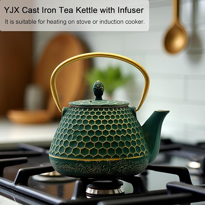 YJX Cast Iron Teapot and Tea Cups Set, 33.8oz Hexagon Pattern Tea Set - Image 2