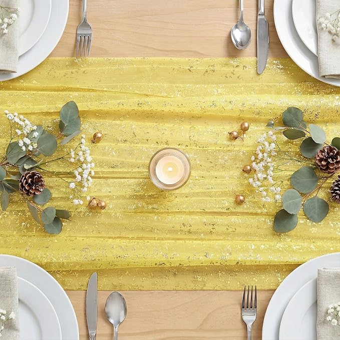 Artoid Mode Light Yellow Gold Gauze Table Runner 59x120 Inch 10FT, Glitter - Image 4