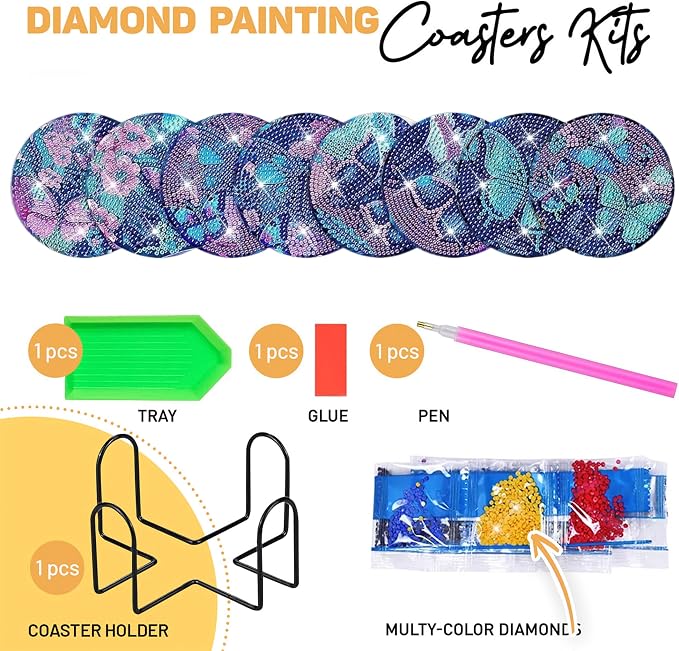 8 pcs Diamond Painting Coasters | Diamond Art Coasters | Blue Butterfly Diamond - Image 2