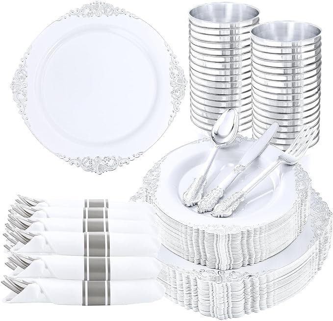 Nervure 350Pcs Silver Plastic Plates, Plastic Dinnerware Set by Nervure