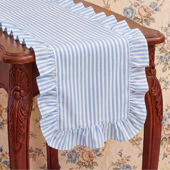 HunnmingRe Ruffle Trim Boho Table Runner Farmhouse Rustic Stripes Scalloped - Image 4
