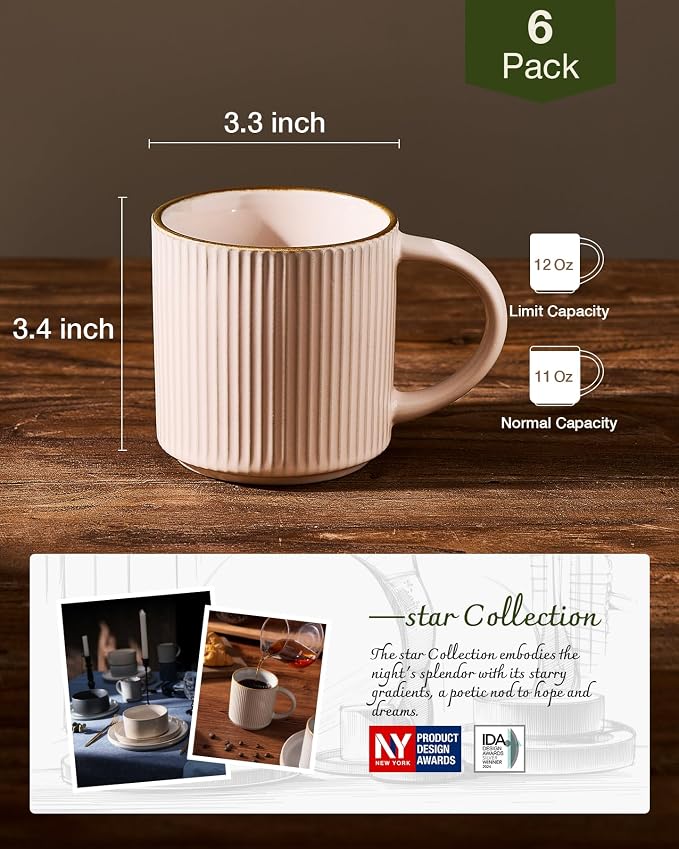 famiware Star Coffee Mug Set for 6, Handcrafted 12 oz Ceramic Stoneware Mugs - Image 4