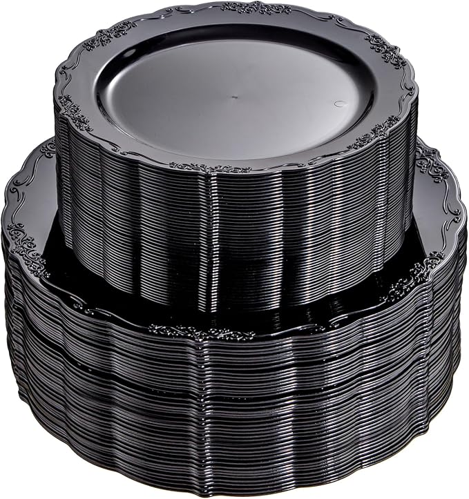 U-QE 100PCS Black Plastic Plates, Heavy Duty Black Plates Including 50PCS 10'' by U-QE