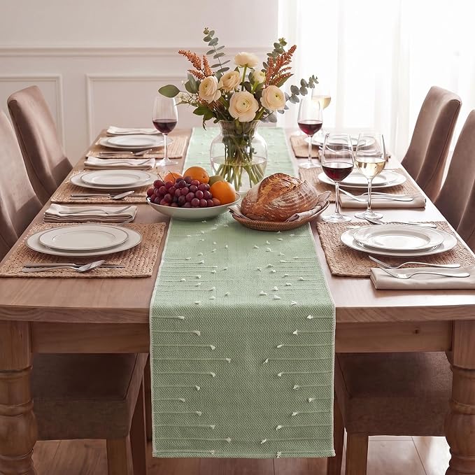 Artoid Mode Sage Green Farmhouse Rustic Cotton Woven Table Runner, Seasonal - Image 2