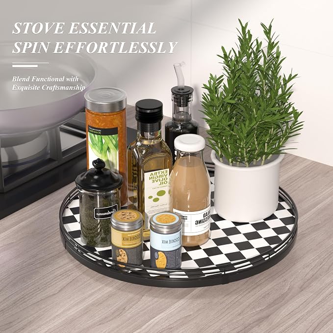 AMH 16-Inch Black and White Checkerboard Lazy Susan Decorative Tray | Smooth - Image 5
