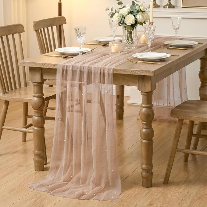 Artoid Mode Pearl Tan Gauze Table Runner 120 Inch 10FT, Seasonal Sheer Dining - Image 6