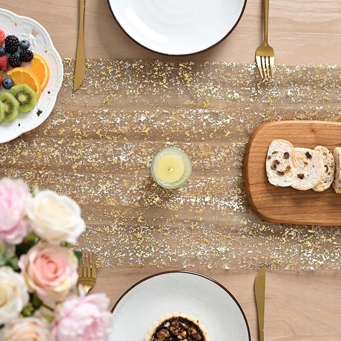 Artoid Mode 3PCCoffee Gold Gauze Table Runner 120 Inch 10FT, Glitter Metallic - Image 3