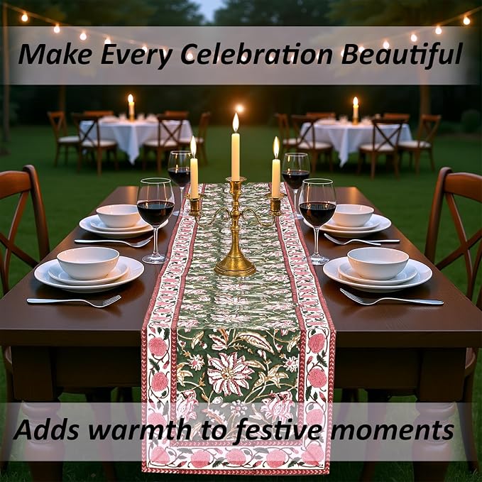 Hunter Green Hand Block Print 100% Cotton Reusable Table Runner 16" X 70" - Image 8