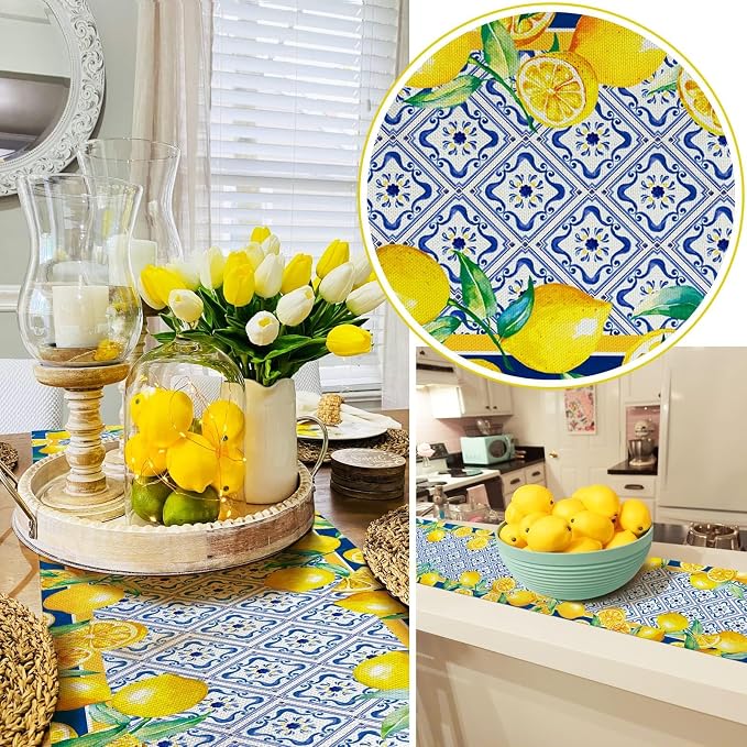 Capri Blue Lemon Table Runner Italy Tile Burlap Artificial Yellow Lemon Fruit - Image 4
