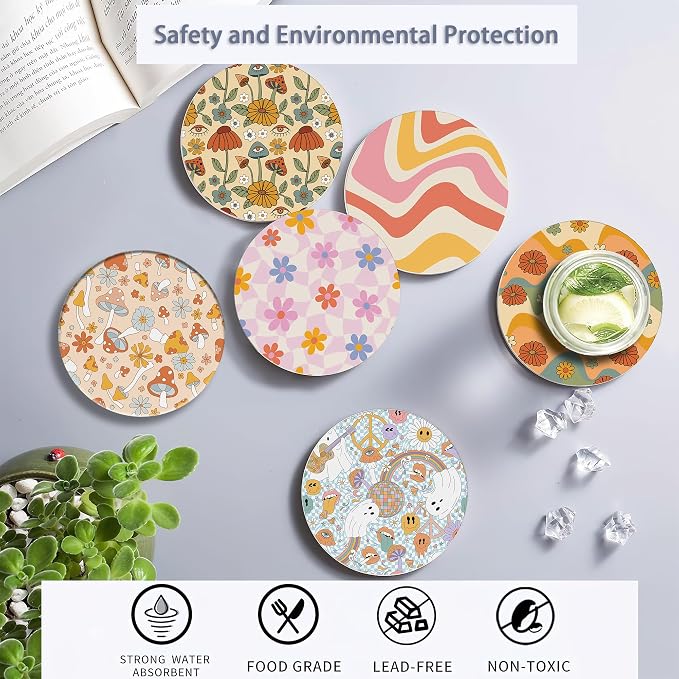 Table Coaster for Drinks Set of 6, Retro 70s Colorful Groovy Round Ceramic - Image 4