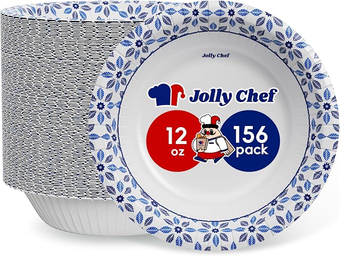 156 Count Paper Bowls 12 oz Soak Proof, Heavy Duty Printed Disposable Small by JOLLYCHEF