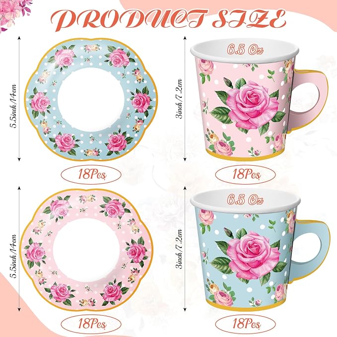Umigy 36 Sets Floral Tea Party Decorations 6.5 oz Floral Paper Teacups & Saucer - Image 2
