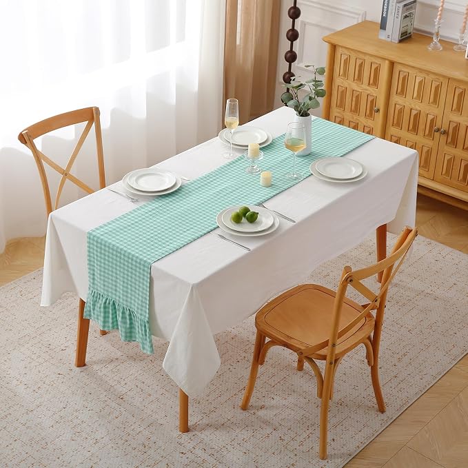 Spa Blue White Plaid Gingham Ruffle Table Runner 72 inches Long Christmas 100% - Image 2
