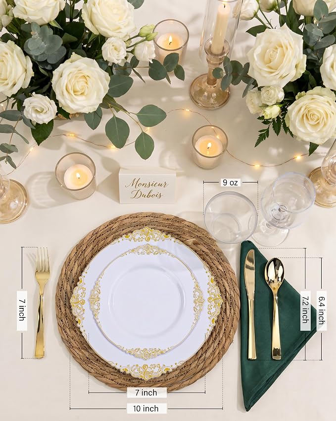 Nervure 600Pcs White and Gold Plastic Plates, Dinnerware Set - Image 3