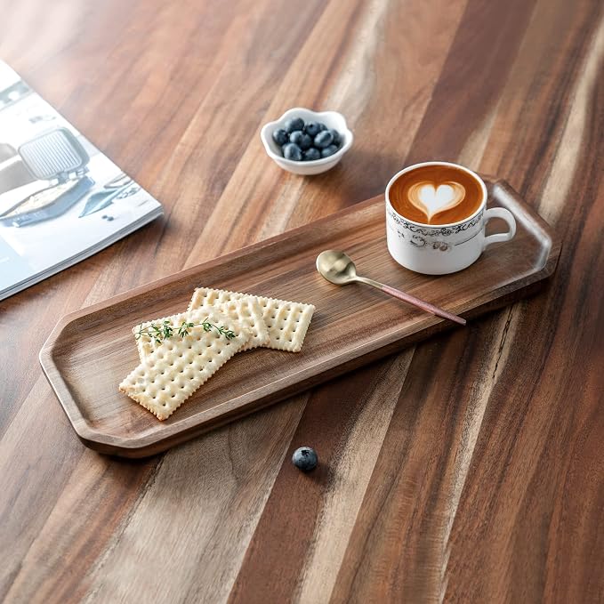 Set of 2 Solid Acacia Wood Serving Trays 16" and 12" Rectangular Wooden Serving - Image 2