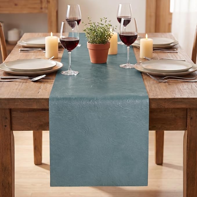 Artoid Mode Blue Double Sided Vinyl Faux Leather Table Runner, Seasonal - Image 2