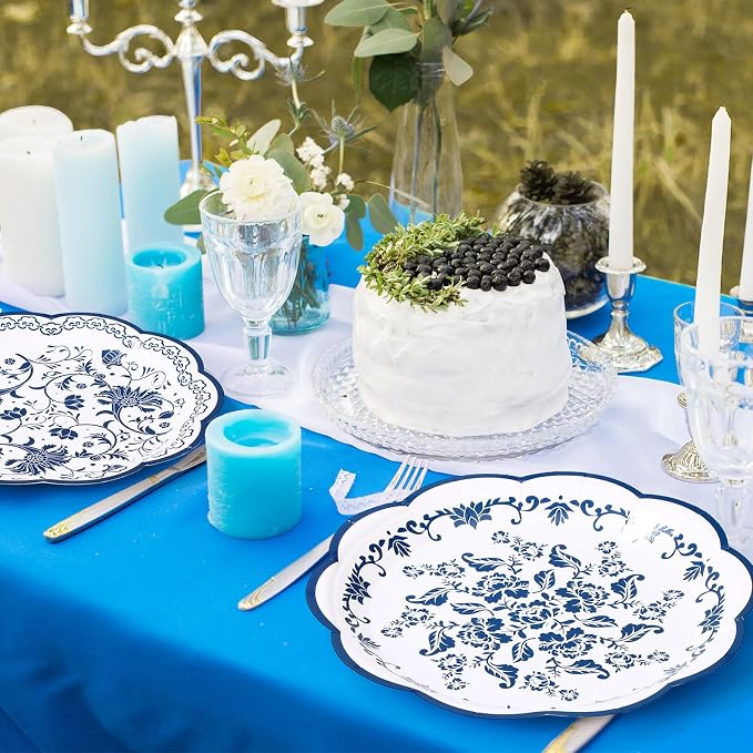 120 Pcs Blue Floral Party Plates 7 Inch Vintage Disposable Paper Plates Blue - Image 4
