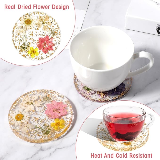 Amabro Dried Flower Drink Coasters, Floral Resin Drink Cup Mat Set of 2 - Image 5