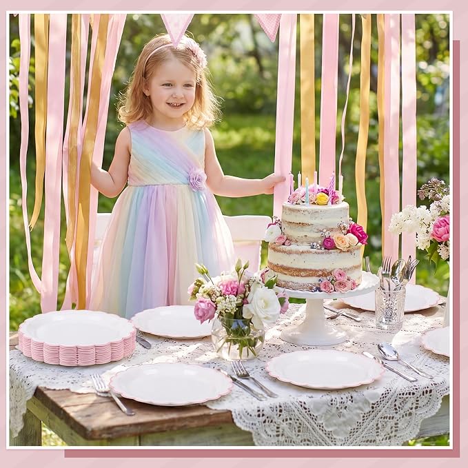 NatNarr 30 Pk Pink Paper Plates 7" Scalloped Pink White Dessert Cake Plates | - Image 5