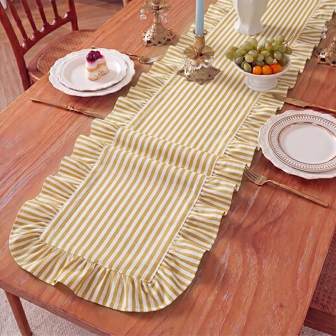 HunnmingRe Ruffle Trim Boho Table Runner Farmhouse Rustic Stripes Scalloped - Image 3