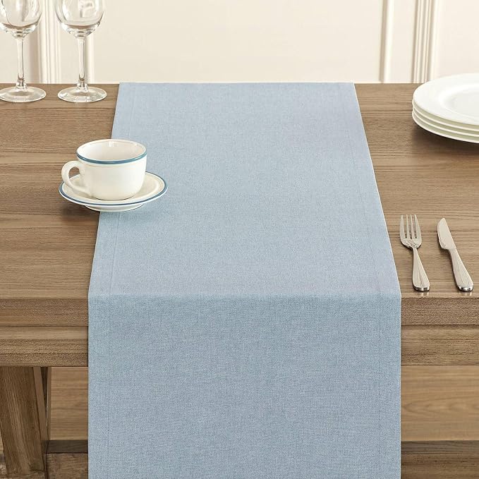 Basic Linen Style Table Runner, 14x72 Inch Chambray Blue | Mitered Corner Design - Image 5