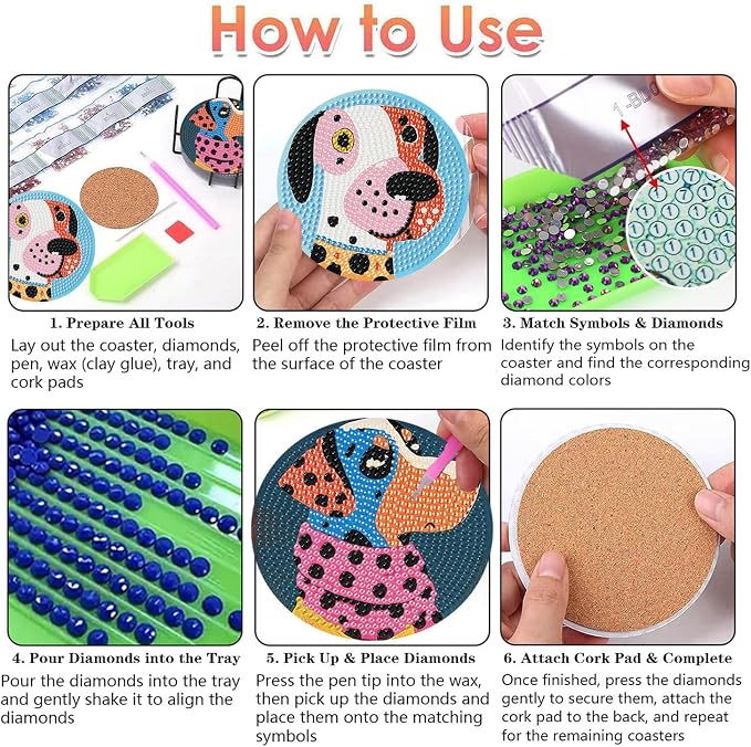 Benjenes 8 PCS Diamond Art Coasters Kits Dog Diamond Painting Coaster | Diamond - Image 3