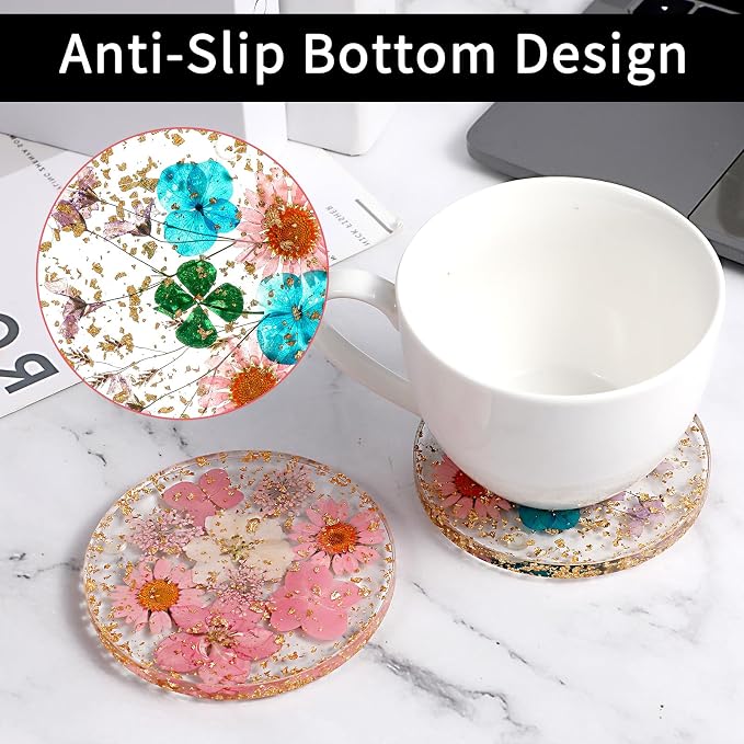 2pcs Dried Flower Drink Coasters, Flower Resin Drink Cup Mat Reusable Floral - Image 3