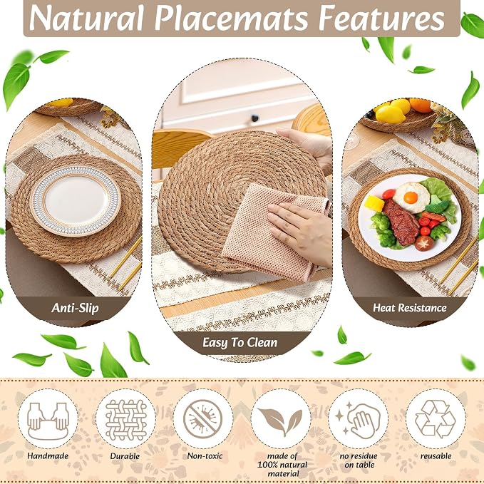 6 Sets Boho Decoration Placemats Round Woven Placemats, Cloth Napkins, Wood - Image 6