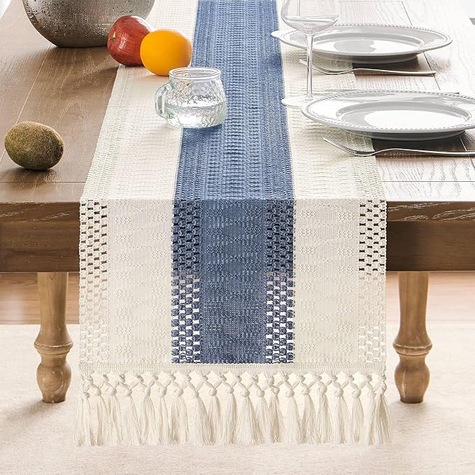 Macrame Style Bicolor Stitching Table Runner 14x60in Blue | Woven Boho Table - Image 2